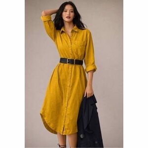 Anthropologie Maeve The Soren Long Sleeve Shirt Dress M Mustard Spring Modest